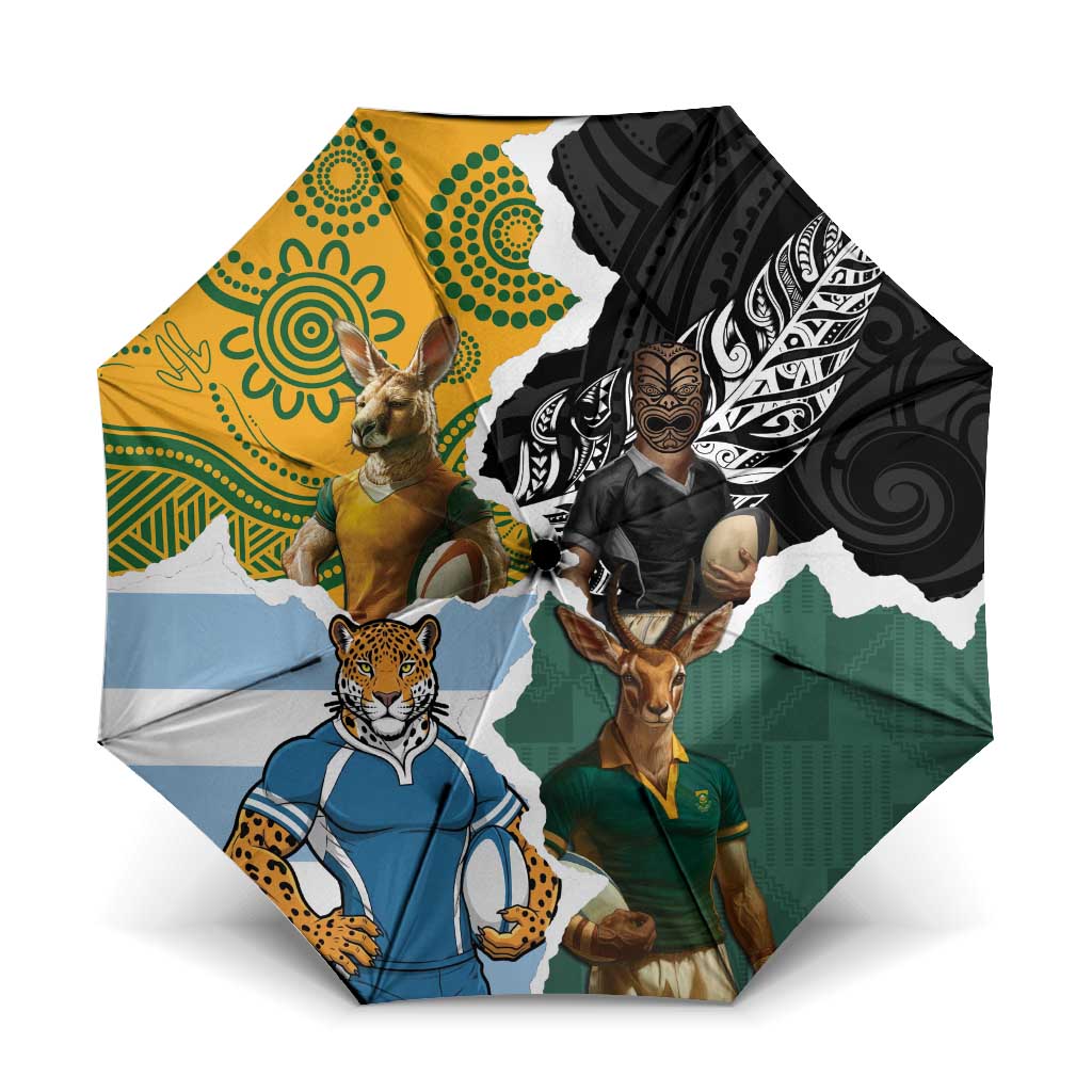 Rugby 2025 Championship Umbrella Southern Hemisphere Countries Mascots LT14 One Size Folded 11.42 inch Opened Diameter 37.4 inch Black - Polynesian Pride
