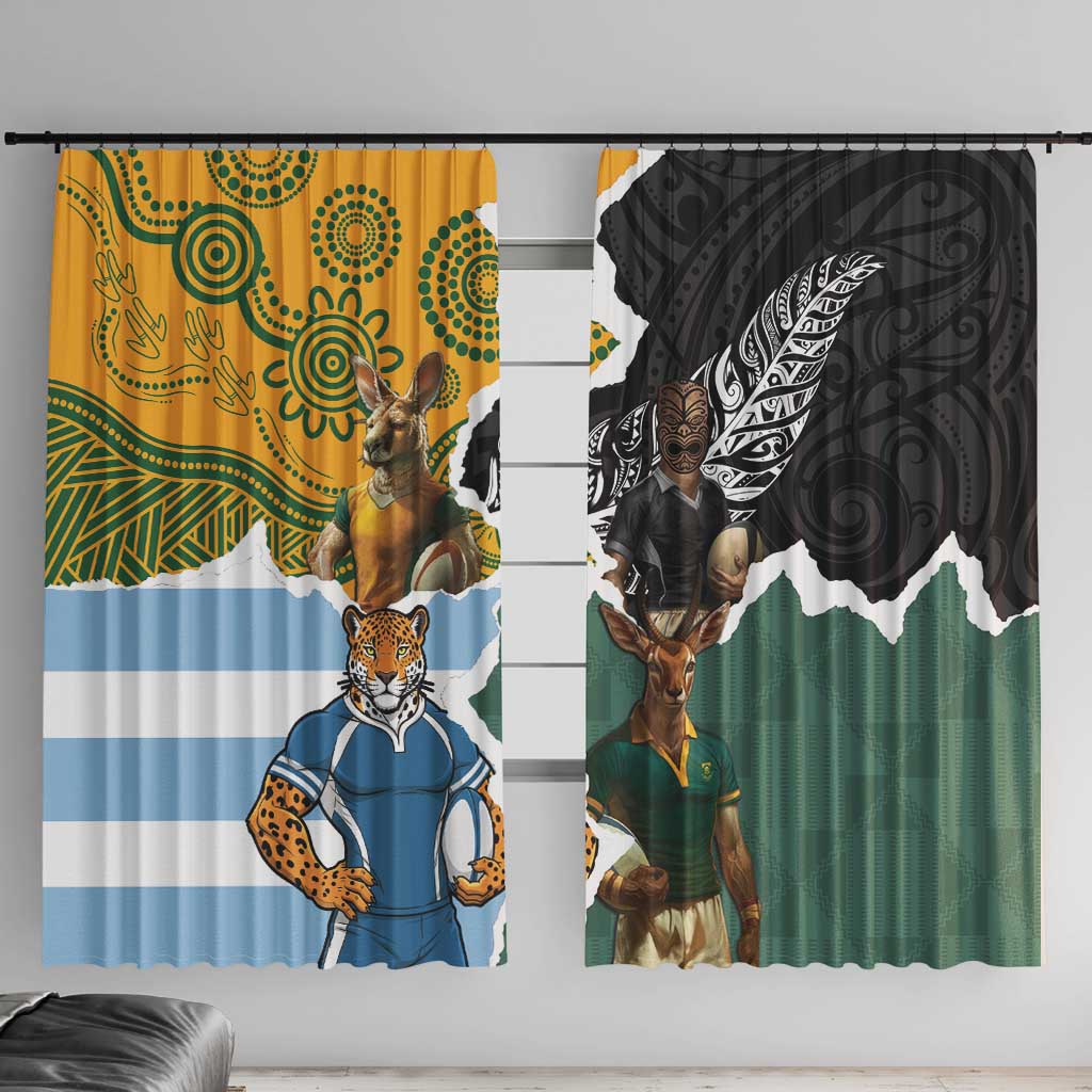 Rugby 2025 Championship Window Curtain Southern Hemisphere Countries Mascots LT14 With Hooks Black - Polynesian Pride