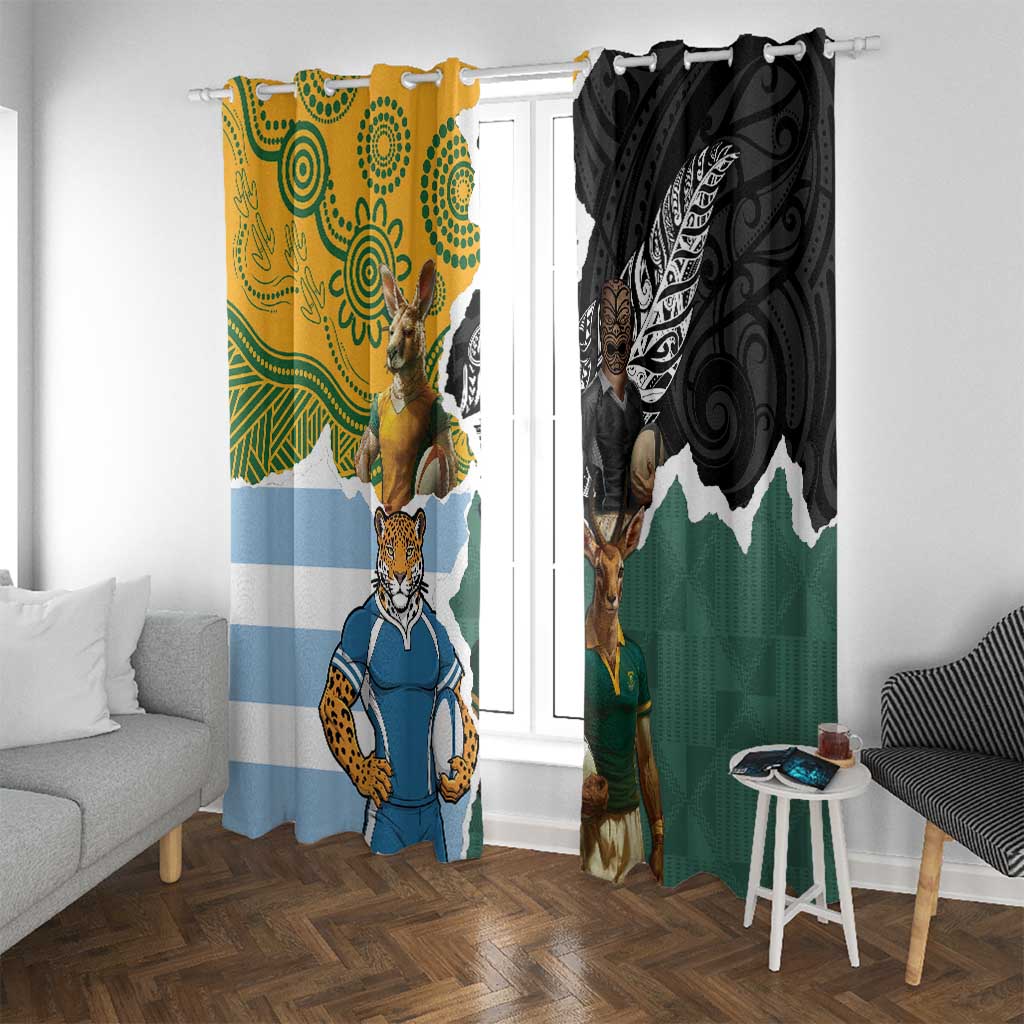 Rugby 2025 Championship Window Curtain Southern Hemisphere Countries Mascots LT14 With Grommets Black - Polynesian Pride
