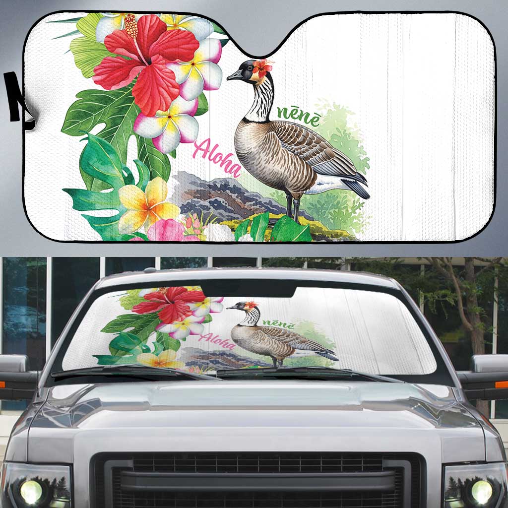 Aloha Hawaii Nene Goose Auto Sun Shade Tropical Flowers Watercolor Stylized LT14 White - Polynesian Pride