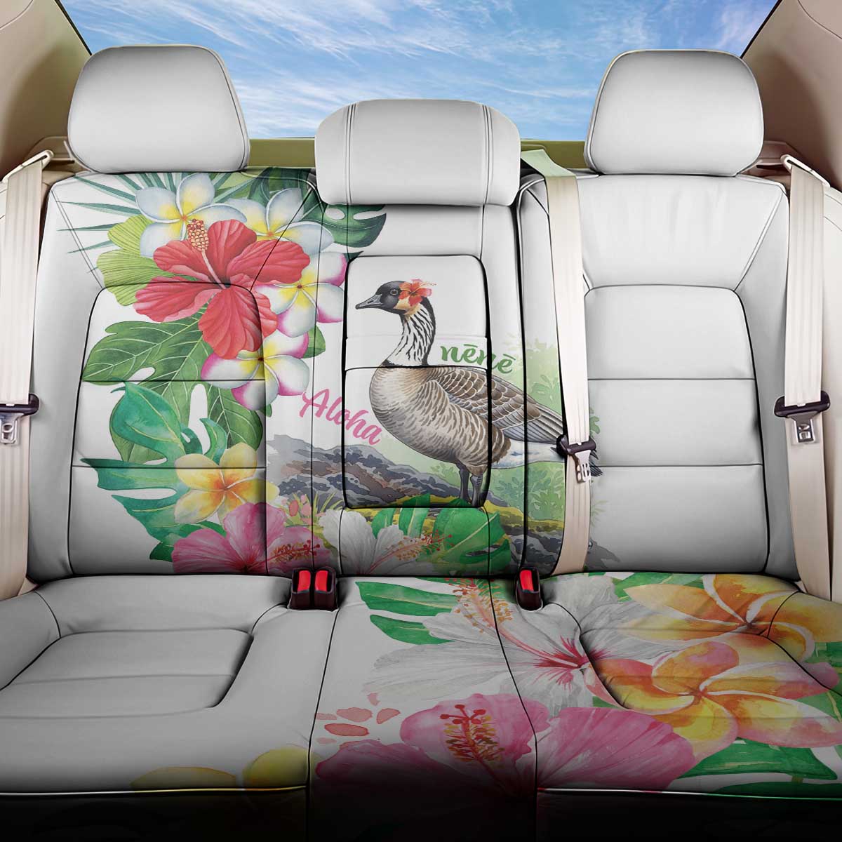Aloha Hawaii Nene Goose Back Car Seat Cover Tropical Flowers Watercolor Stylized LT14 One Size White - Polynesian Pride