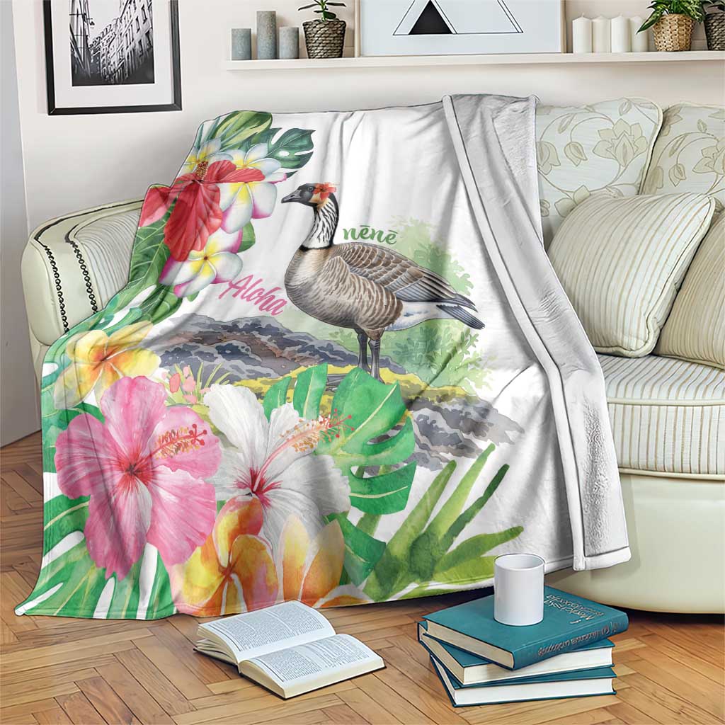 Aloha Hawaii Nene Goose Blanket Tropical Flowers Watercolor Stylized LT14 White - Polynesian Pride