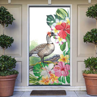 Aloha Hawaii Nene Goose Door Cover Tropical Flowers Watercolor Stylized LT14 White - Polynesian Pride