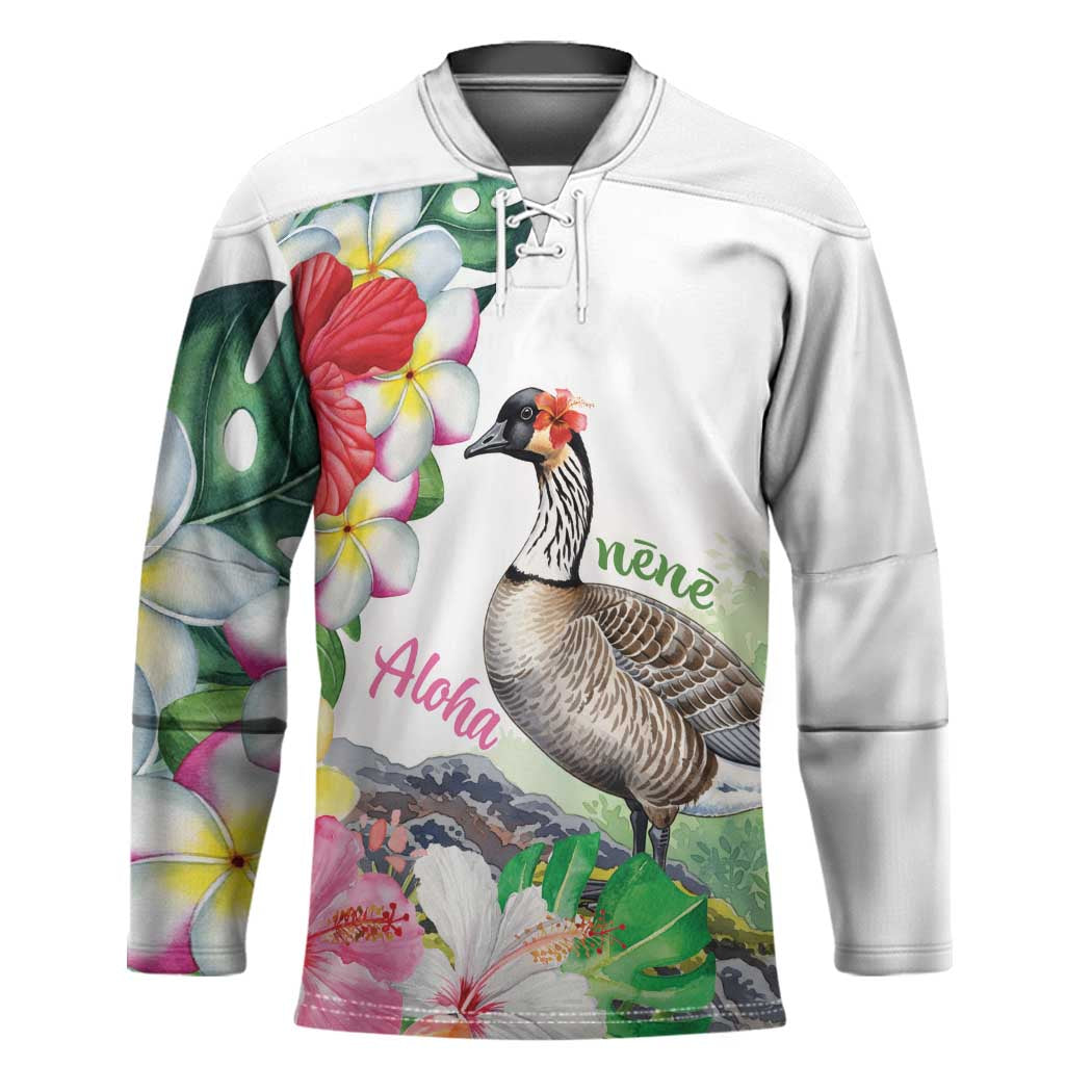 Aloha Hawaii Nene Goose Hockey Jersey Tropical Flowers Watercolor Stylized LT14 Unisex White - Polynesian Pride