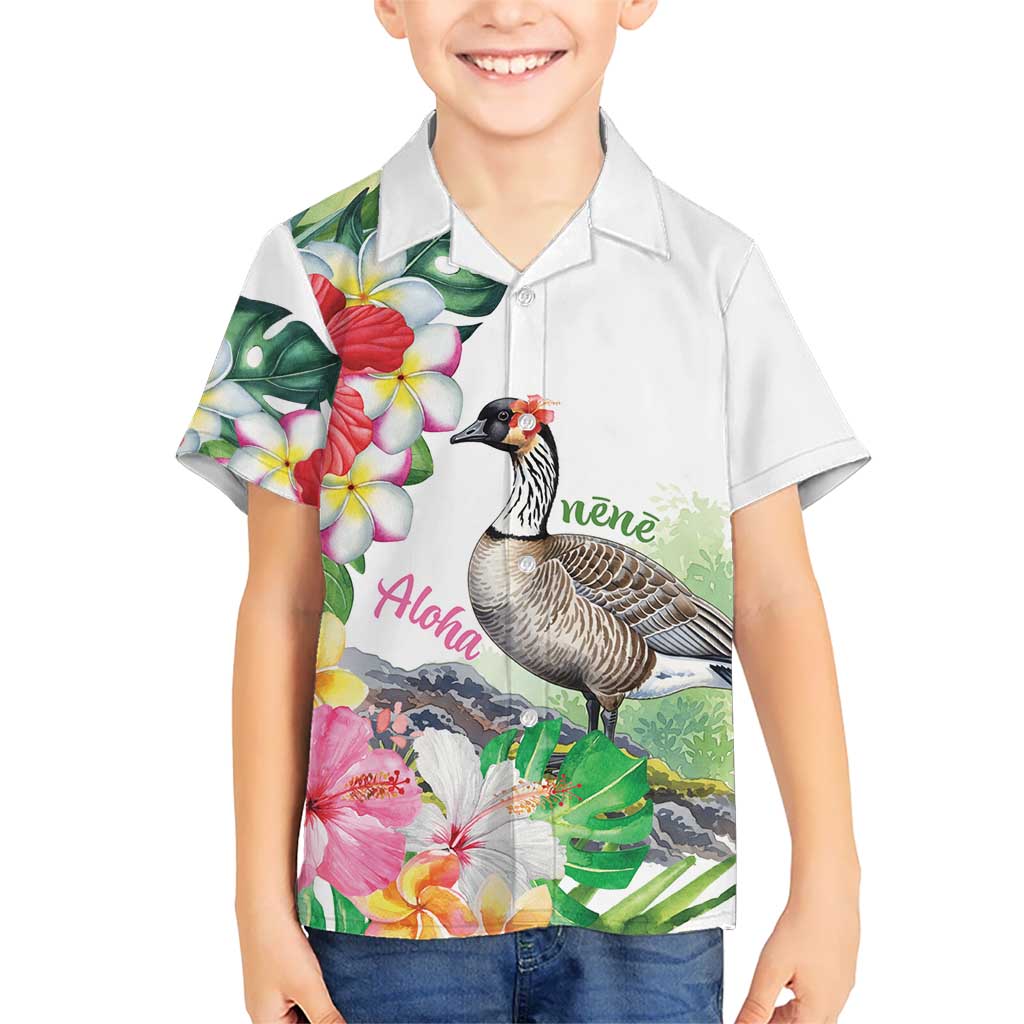 Aloha Hawaii Nene Goose Kid Hawaiian Shirt Tropical Flowers Watercolor Stylized LT14 Kid White - Polynesian Pride