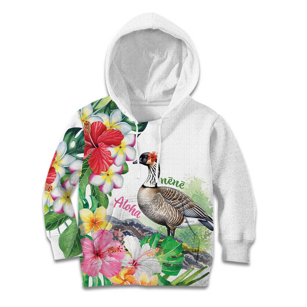 Aloha Hawaii Nene Goose Kid Hoodie Tropical Flowers Watercolor Stylized LT14 Hoodie White - Polynesian Pride