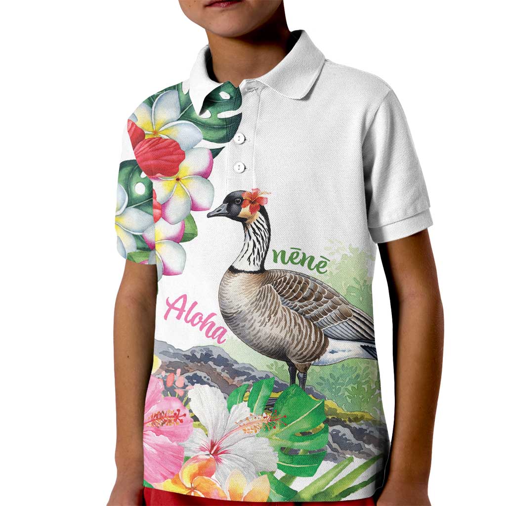 Aloha Hawaii Nene Goose Kid Polo Shirt Tropical Flowers Watercolor Stylized LT14 Kid White - Polynesian Pride