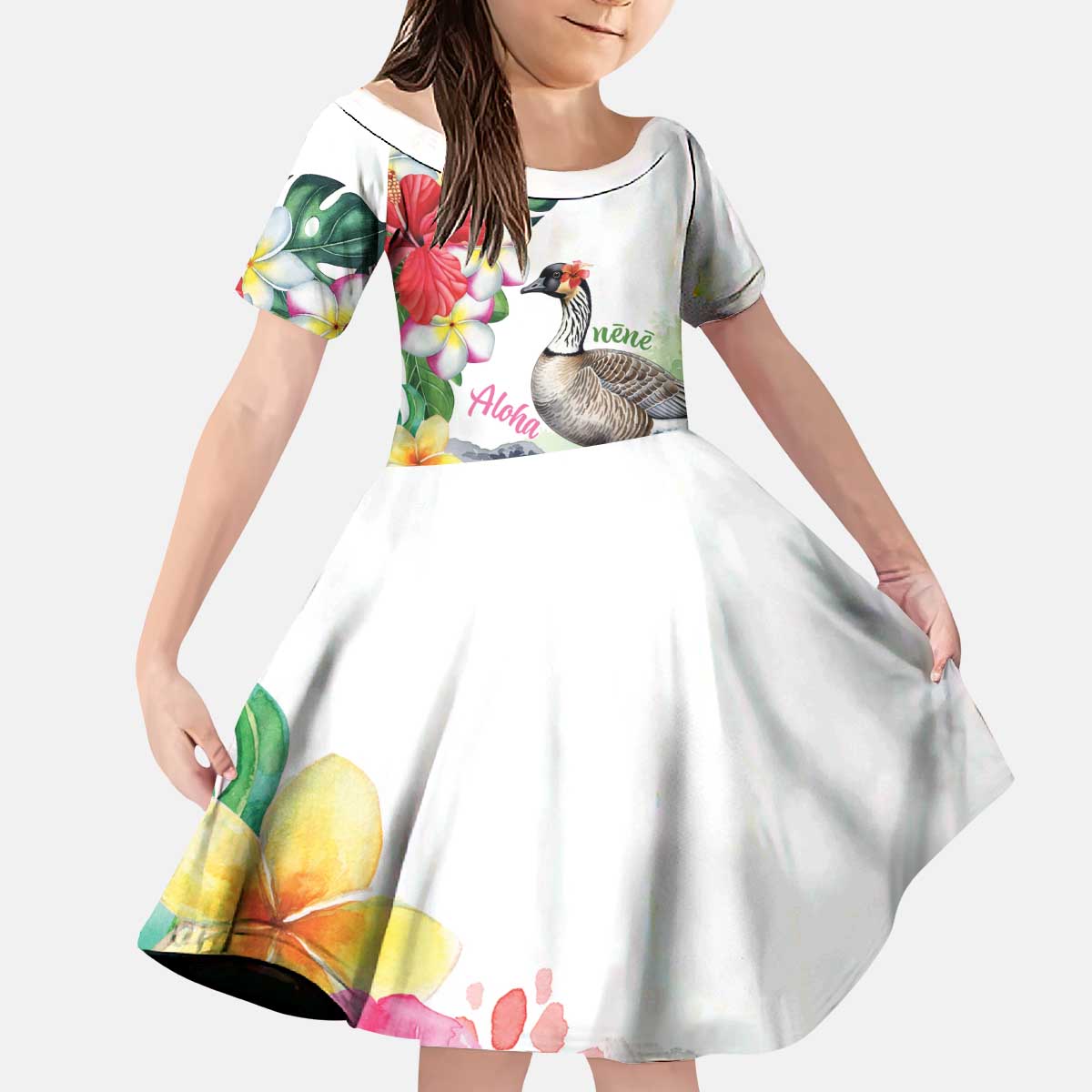 Aloha Hawaii Nene Goose Kid Short Sleeve Dress Tropical Flowers Watercolor Stylized LT14 KID White - Polynesian Pride