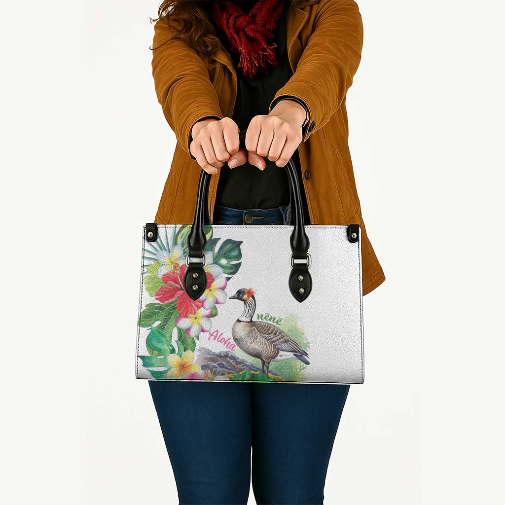 Aloha Hawaii Nene Goose Leather Bag Tropical Flowers Watercolor Stylized LT14 White - Polynesian Pride