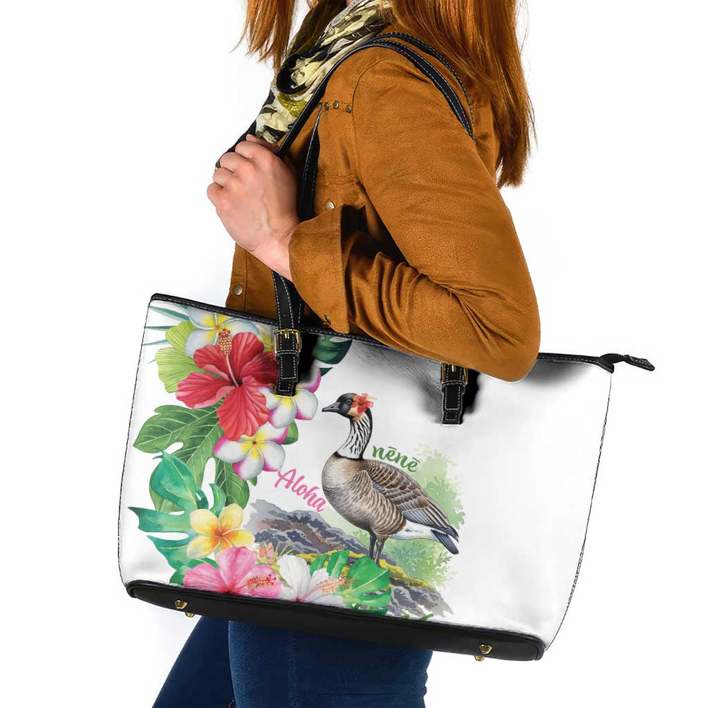 Aloha Hawaii Nene Goose Leather Tote Bag Tropical Flowers Watercolor Stylized LT14 White - Polynesian Pride