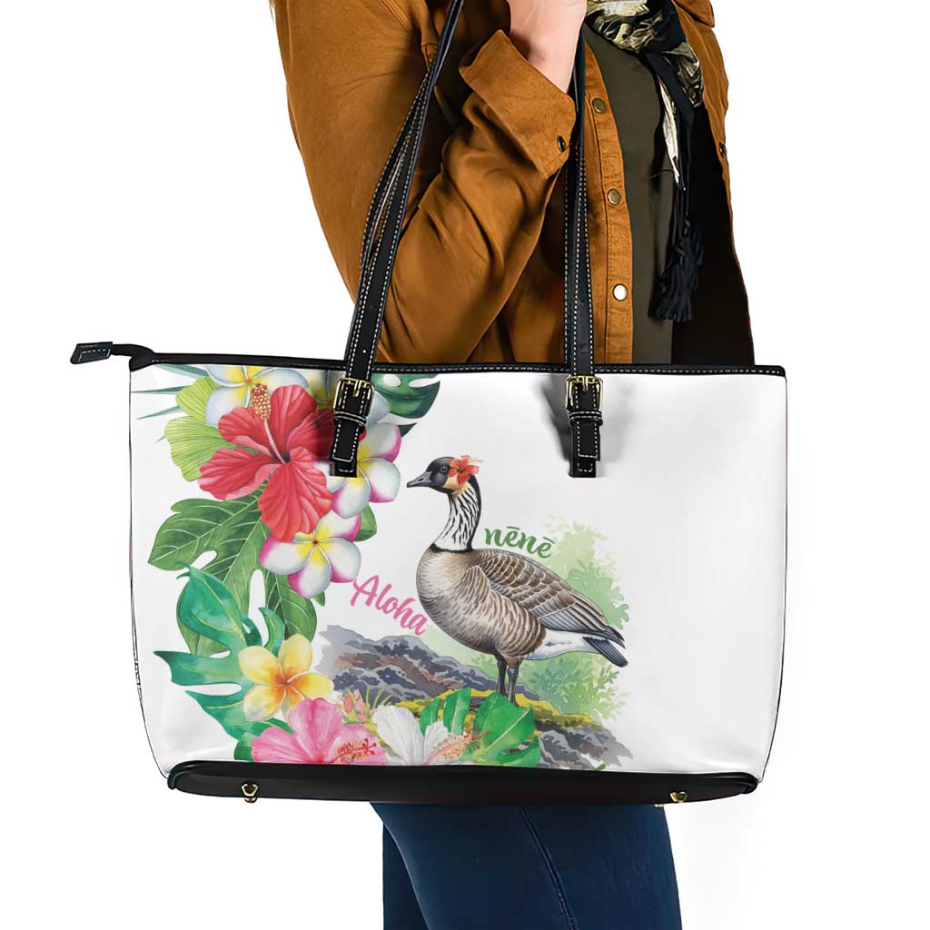 Aloha Hawaii Nene Goose Leather Tote Bag Tropical Flowers Watercolor Stylized LT14 - Polynesian Pride