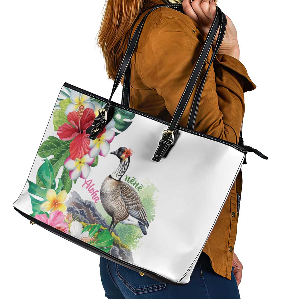 Aloha Hawaii Nene Goose Leather Tote Bag Tropical Flowers Watercolor Stylized LT14 - Polynesian Pride
