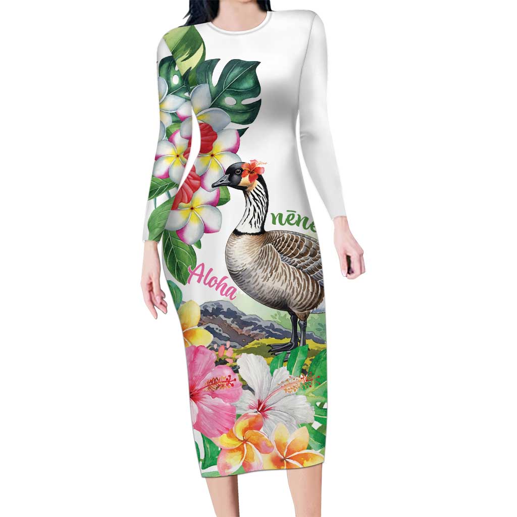 Aloha Hawaii Nene Goose Long Sleeve Bodycon Dress Tropical Flowers Watercolor Stylized LT14 Long Dress White - Polynesian Pride
