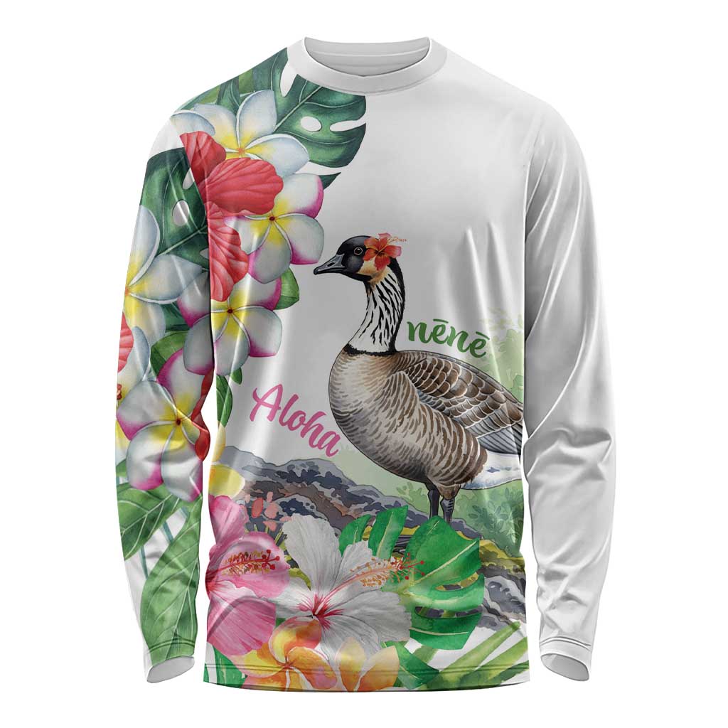Aloha Hawaii Nene Goose Long Sleeve Shirt Tropical Flowers Watercolor Stylized LT14 Unisex White - Polynesian Pride