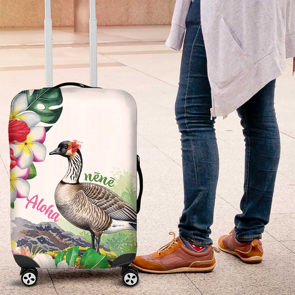 Aloha Hawaii Nene Goose Luggage Cover Tropical Flowers Watercolor Stylized LT14 White - Polynesian Pride