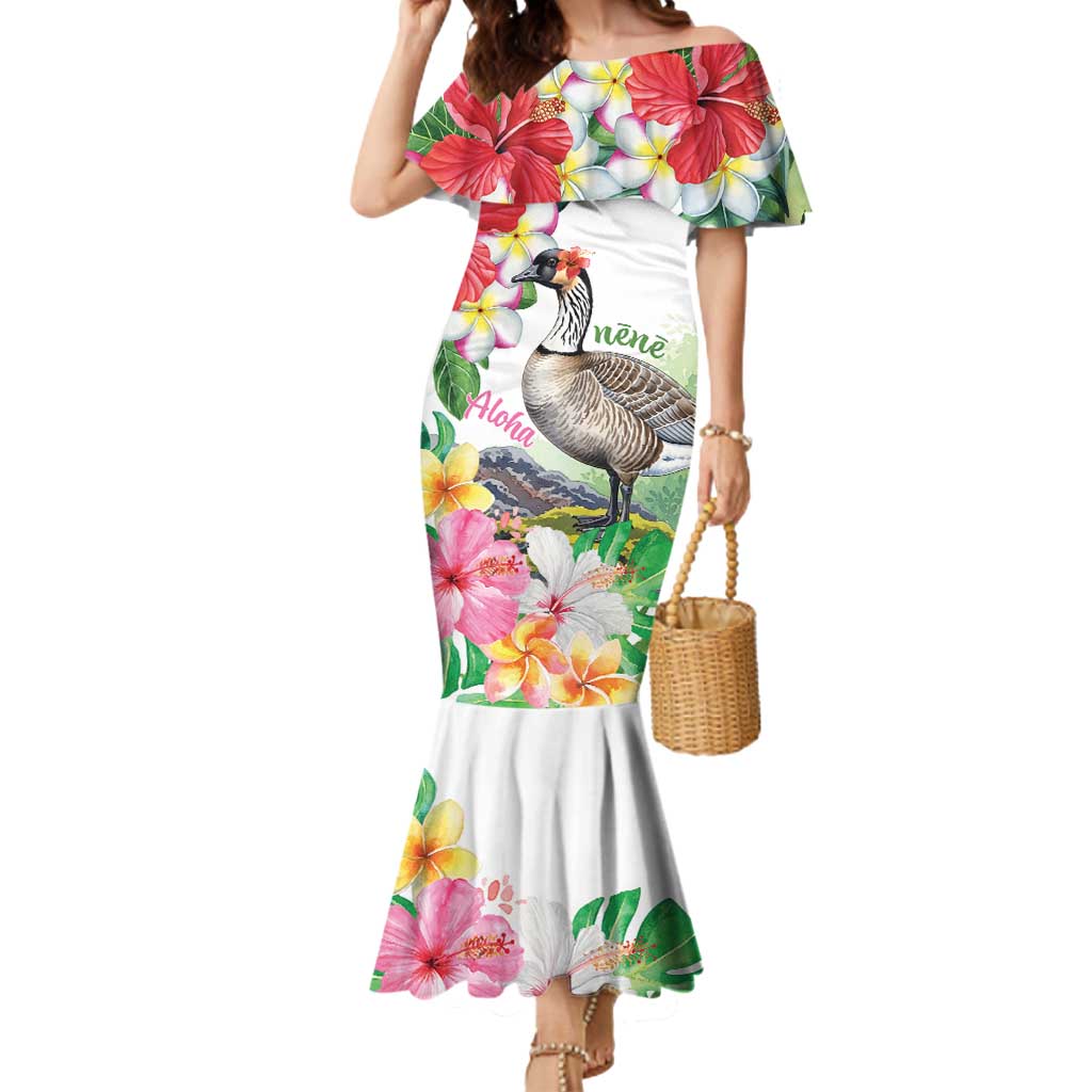Aloha Hawaii Nene Goose Mermaid Dress Tropical Flowers Watercolor Stylized LT14 Women White - Polynesian Pride