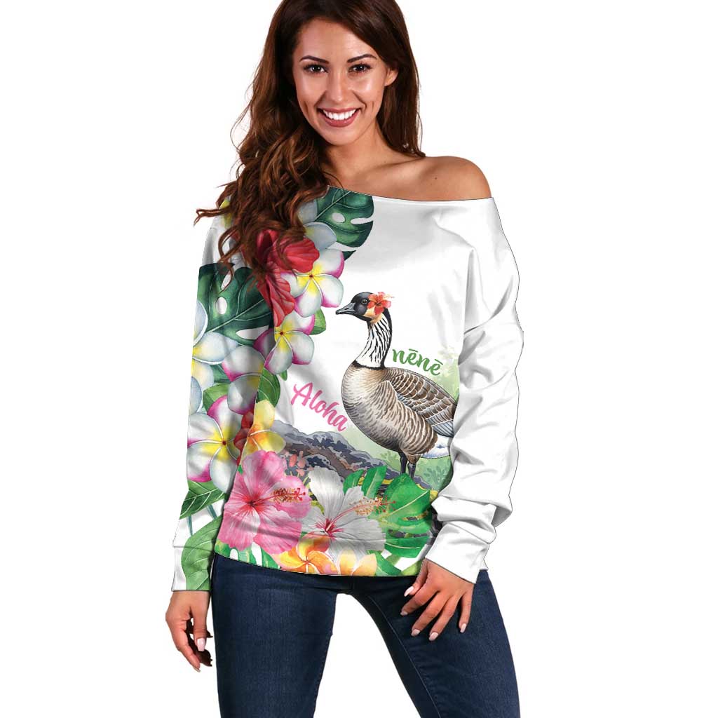 Aloha Hawaii Nene Goose Off Shoulder Sweater Tropical Flowers Watercolor Stylized LT14 Women White - Polynesian Pride