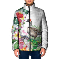 Aloha Hawaii Nene Goose Padded Jacket Tropical Flowers Watercolor Stylized LT14 Men White - Polynesian Pride