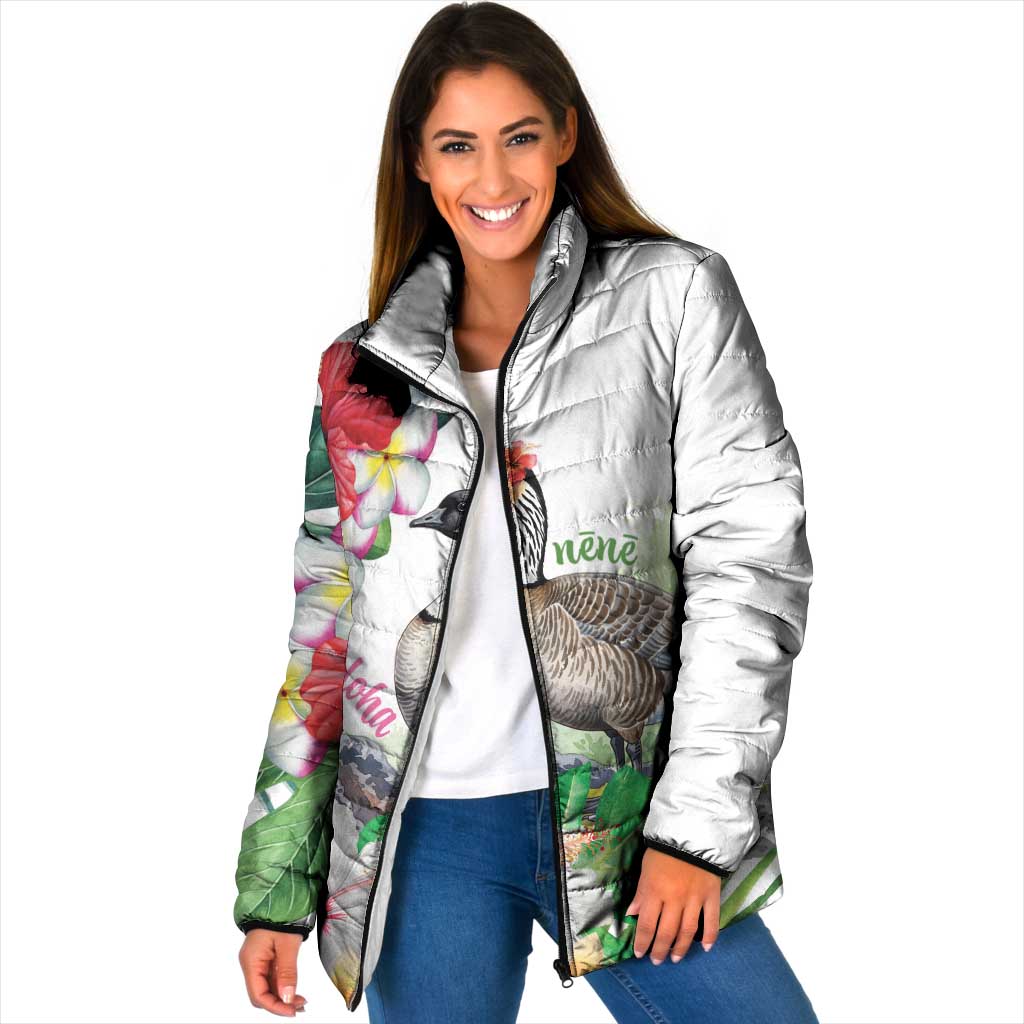 Aloha Hawaii Nene Goose Padded Jacket Tropical Flowers Watercolor Stylized LT14 Women White - Polynesian Pride