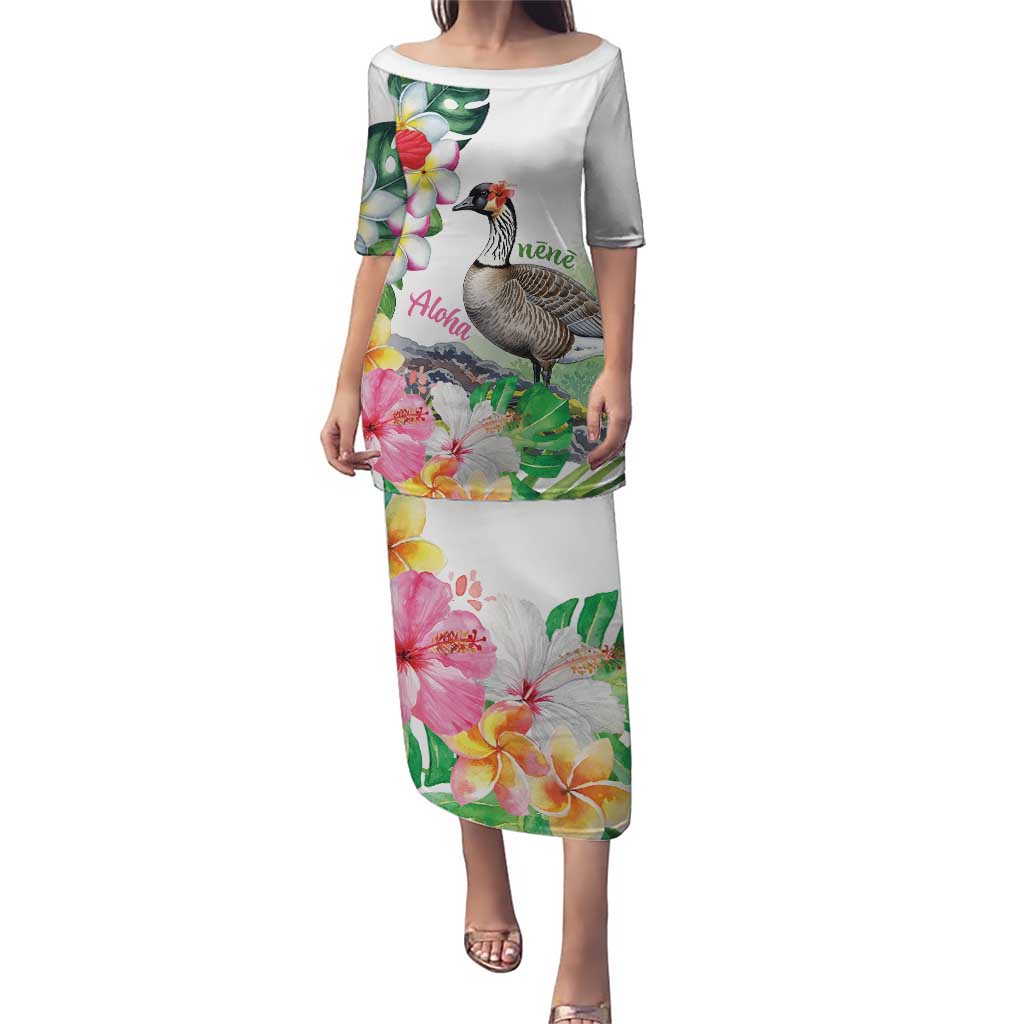 Aloha Hawaii Nene Goose Puletasi Tropical Flowers Watercolor Stylized LT14 Long Dress White - Polynesian Pride