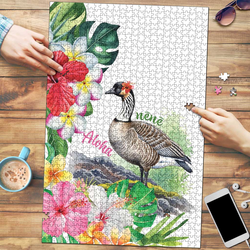 Aloha Hawaii Nene Goose Puzzle Tropical Flowers Watercolor Stylized LT14 White - Polynesian Pride