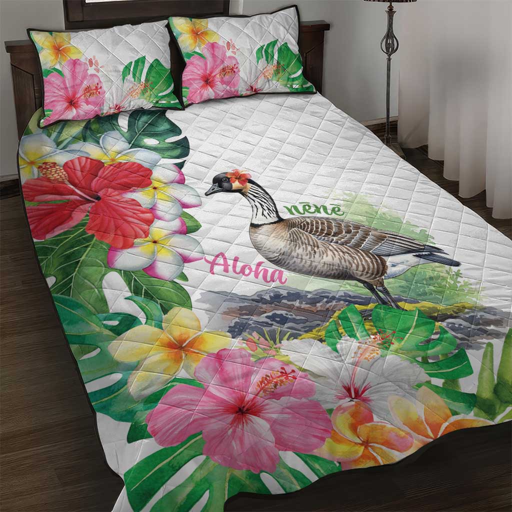 Aloha Hawaii Nene Goose Quilt Bed Set Tropical Flowers Watercolor Stylized LT14 White - Polynesian Pride