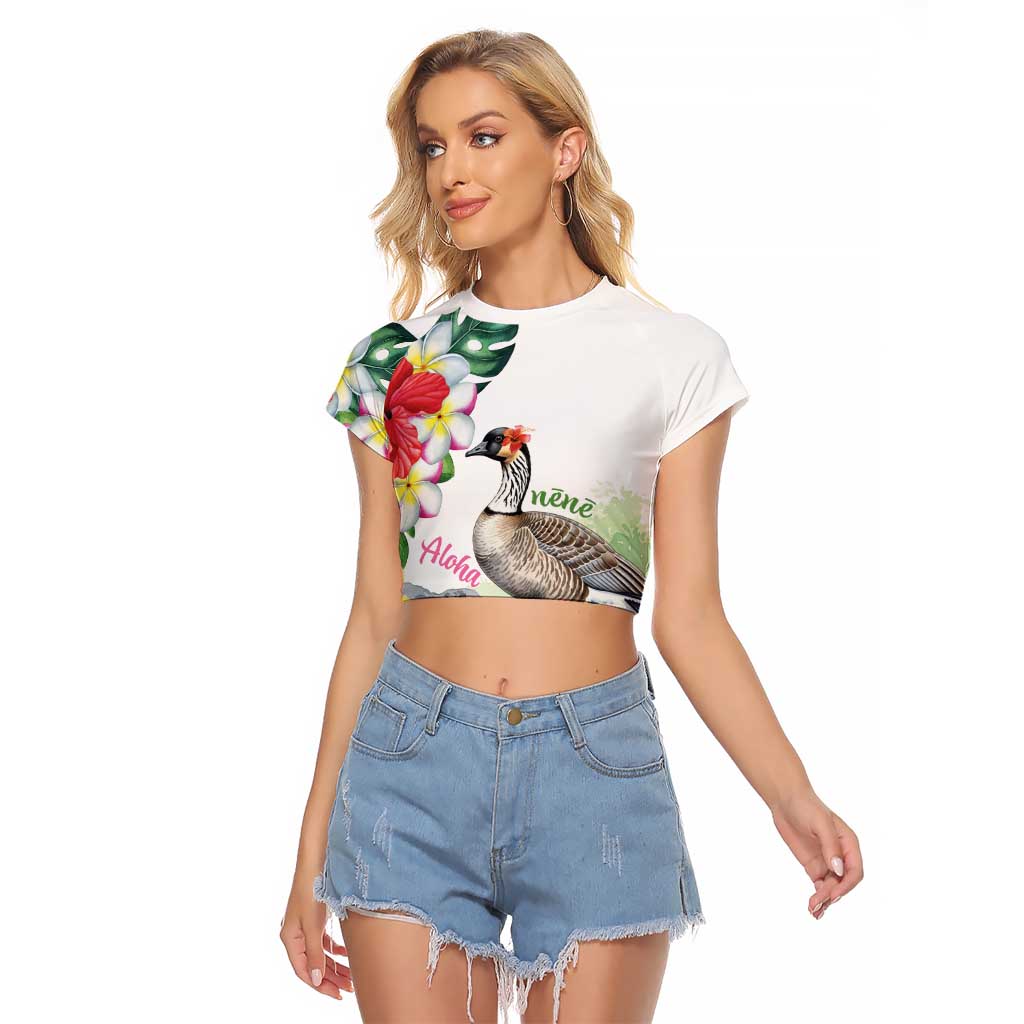 Aloha Hawaii Nene Goose Raglan Cropped T Shirt Tropical Flowers Watercolor Stylized LT14 Female White - Polynesian Pride