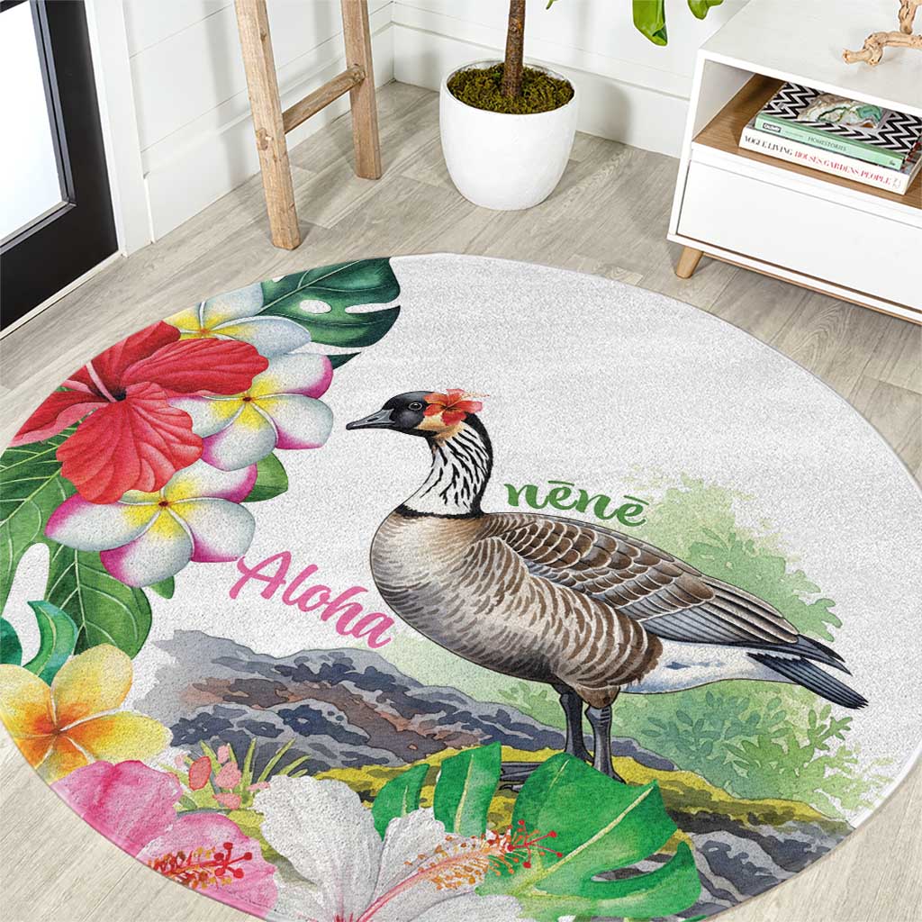 Aloha Hawaii Nene Goose Round Carpet Tropical Flowers Watercolor Stylized LT14 White - Polynesian Pride