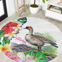 Aloha Hawaii Nene Goose Round Carpet Tropical Flowers Watercolor Stylized LT14 White - Polynesian Pride