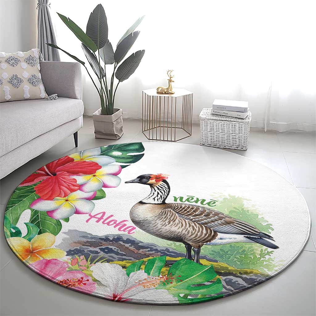 Aloha Hawaii Nene Goose Round Carpet Tropical Flowers Watercolor Stylized LT14 - Polynesian Pride