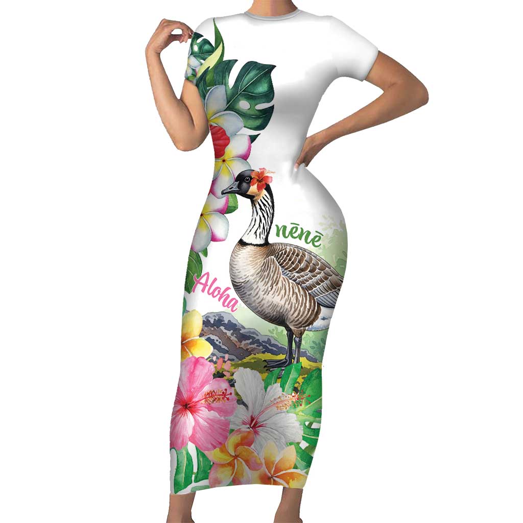Aloha Hawaii Nene Goose Short Sleeve Bodycon Dress Tropical Flowers Watercolor Stylized LT14 Long Dress White - Polynesian Pride