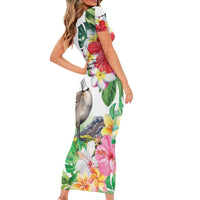 Aloha Hawaii Nene Goose Short Sleeve Bodycon Dress Tropical Flowers Watercolor Stylized LT14 - Polynesian Pride