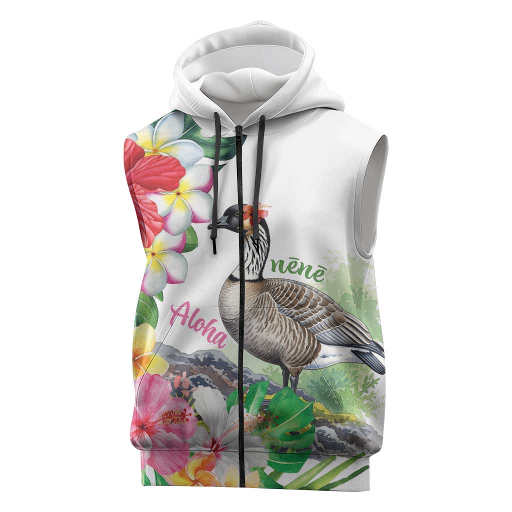 Aloha Hawaii Nene Goose Sleeveless Zip Hoodie Tropical Flowers Watercolor Stylized LT14 White - Polynesian Pride