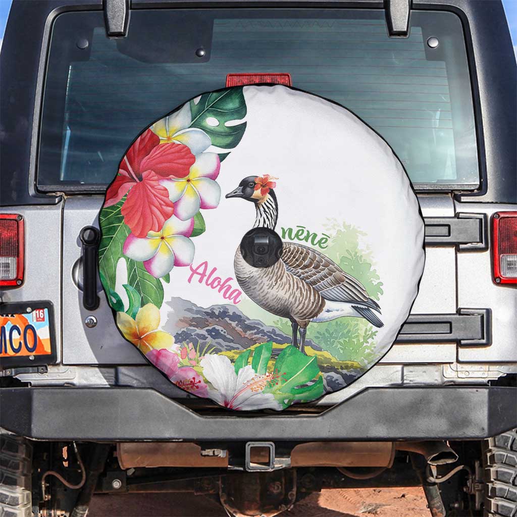 Aloha Hawaii Nene Goose Spare Tire Cover Tropical Flowers Watercolor Stylized LT14 White - Polynesian Pride