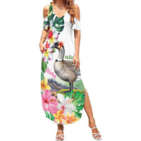 Aloha Hawaii Nene Goose Summer Maxi Dress Tropical Flowers Watercolor Stylized LT14 Women White - Polynesian Pride