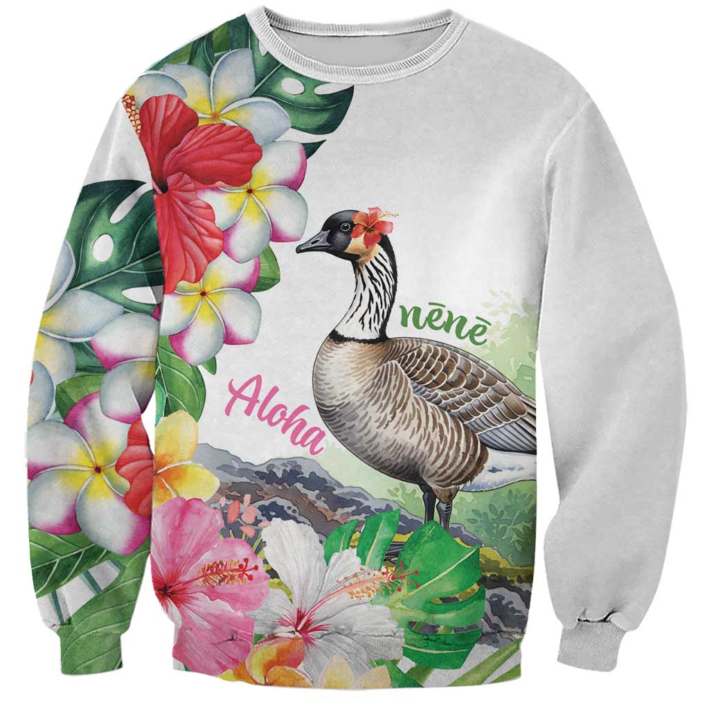 Aloha Hawaii Nene Goose Sweatshirt Tropical Flowers Watercolor Stylized LT14 Unisex White - Polynesian Pride