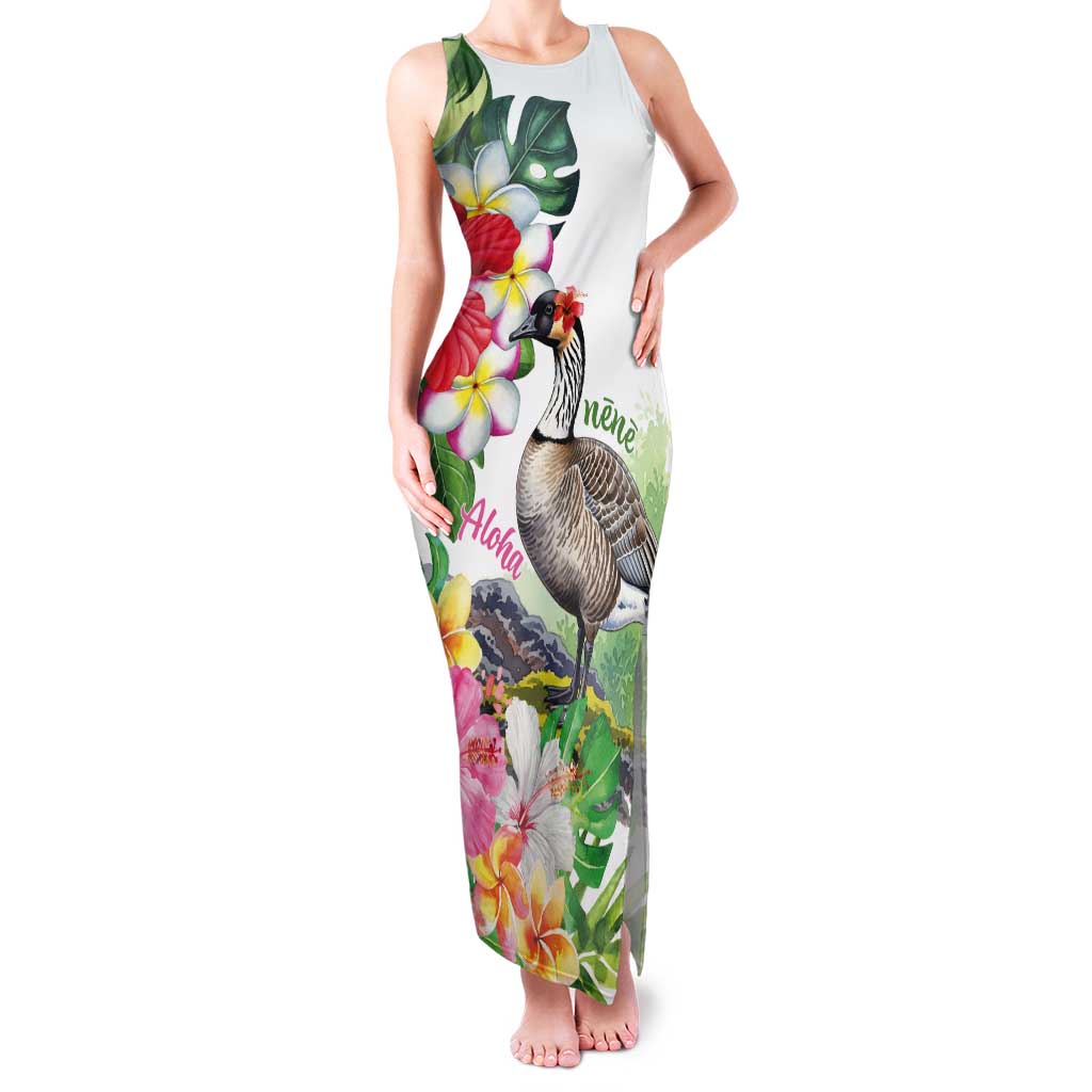 Aloha Hawaii Nene Goose Tank Maxi Dress Tropical Flowers Watercolor Stylized LT14 Women White - Polynesian Pride