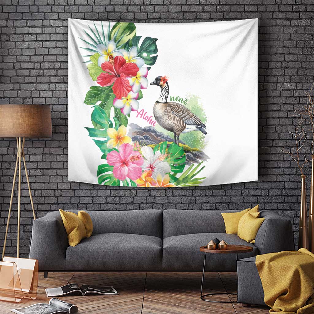 Aloha Hawaii Nene Goose Tapestry Tropical Flowers Watercolor Stylized LT14 White - Polynesian Pride