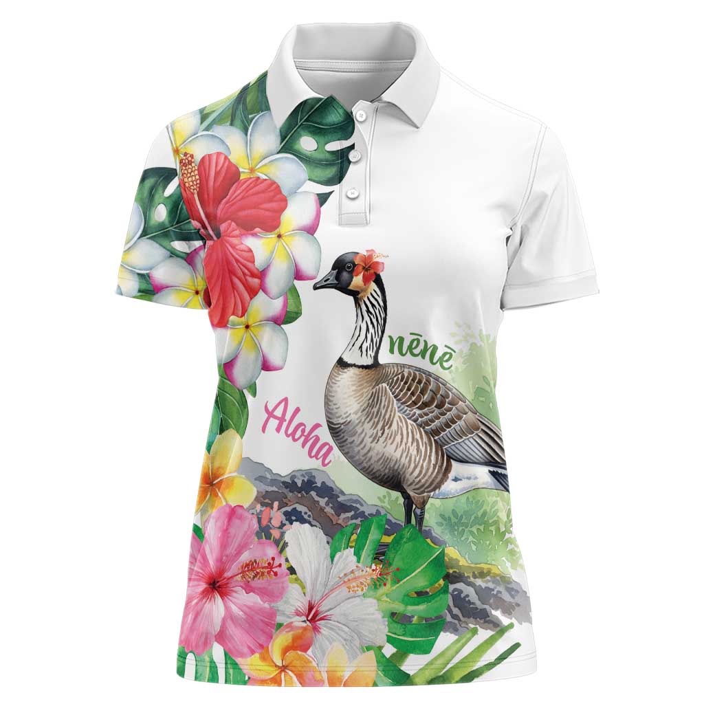 Aloha Hawaii Nene Goose Women Polo Shirt Tropical Flowers Watercolor Stylized LT14 Female White - Polynesian Pride
