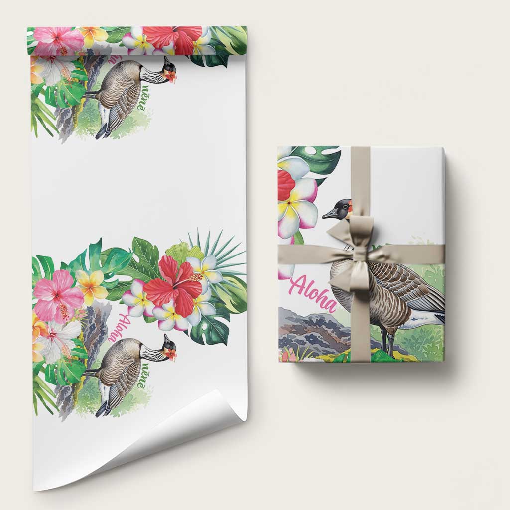 Aloha Hawaii Nene Goose Wrapping Paper Tropical Flowers Watercolor Stylized LT14 58" × 23" White - Polynesian Pride