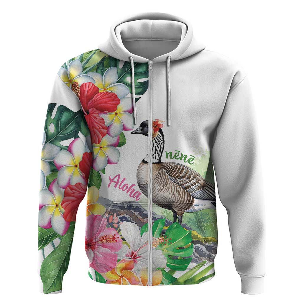 Aloha Hawaii Nene Goose Zip Hoodie Tropical Flowers Watercolor Stylized LT14 Zip Hoodie White - Polynesian Pride