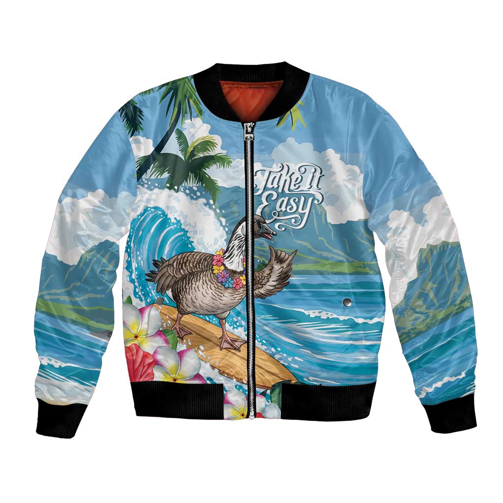 Aloha Hawaii Shaka Nene Goose Bomber Jacket Surfing Take It Easy LT14 Unisex Blue - Polynesian Pride