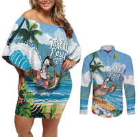 Aloha Hawaii Shaka Nene Goose Couples Matching Off Shoulder Short Dress and Long Sleeve Button Shirt Surfing Take It Easy LT14 Blue - Polynesian Pride