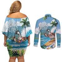 Aloha Hawaii Shaka Nene Goose Couples Matching Off Shoulder Short Dress and Long Sleeve Button Shirt Surfing Take It Easy LT14 - Polynesian Pride
