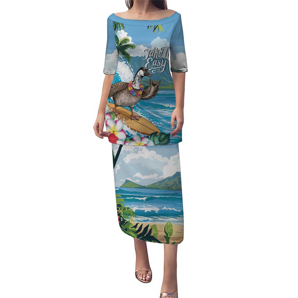 Aloha Hawaii Shaka Nene Goose Puletasi Surfing Take It Easy LT14 Long Dress Blue - Polynesian Pride