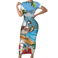 Aloha Hawaii Shaka Nene Goose Short Sleeve Bodycon Dress Surfing Take It Easy LT14 Long Dress Blue - Polynesian Pride