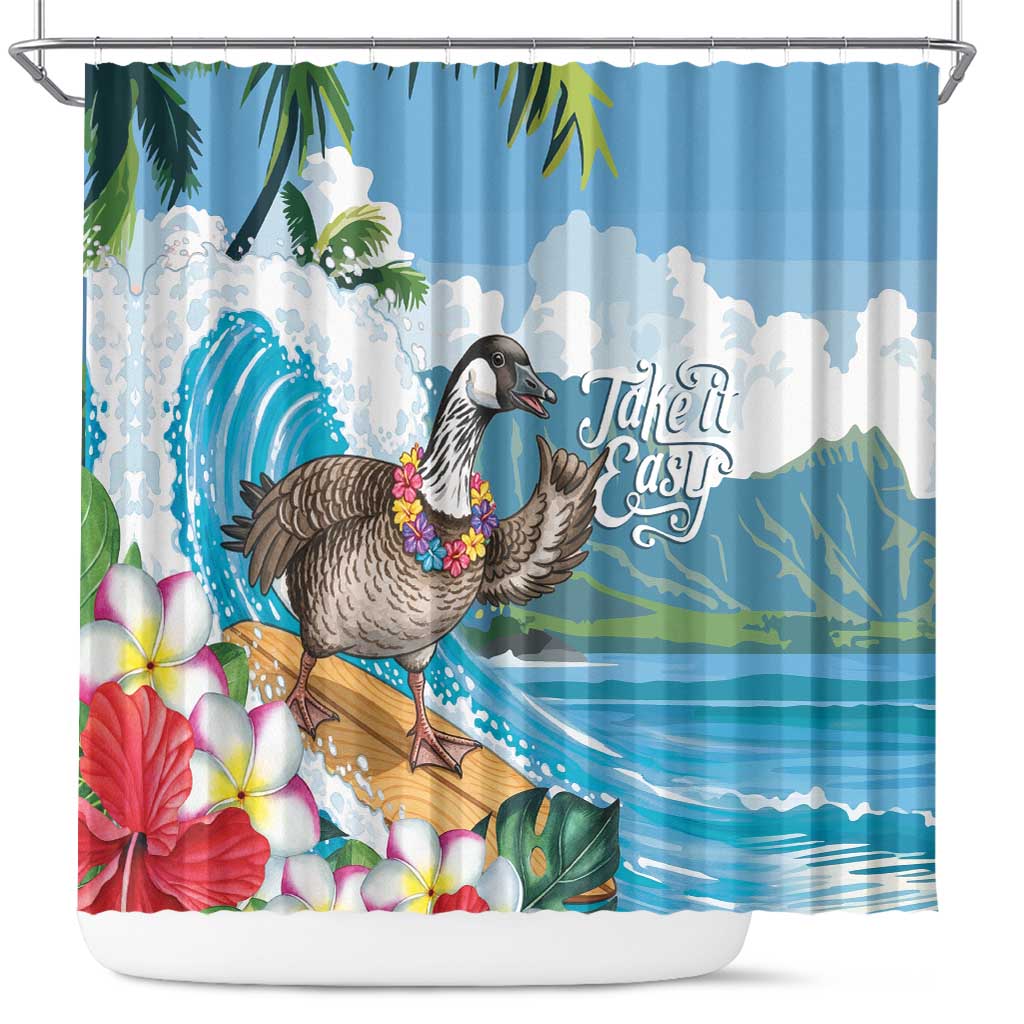 Aloha Hawaii Shaka Nene Goose Shower Curtain Surfing Take It Easy LT14 Blue - Polynesian Pride