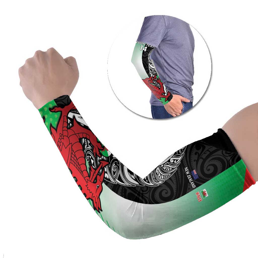 New Zealand and Wales Rugby Custom Arm Sleeves Aotearoa All Black Combine Welsh Dragon LT14 Set of 2 Black - Polynesian Pride