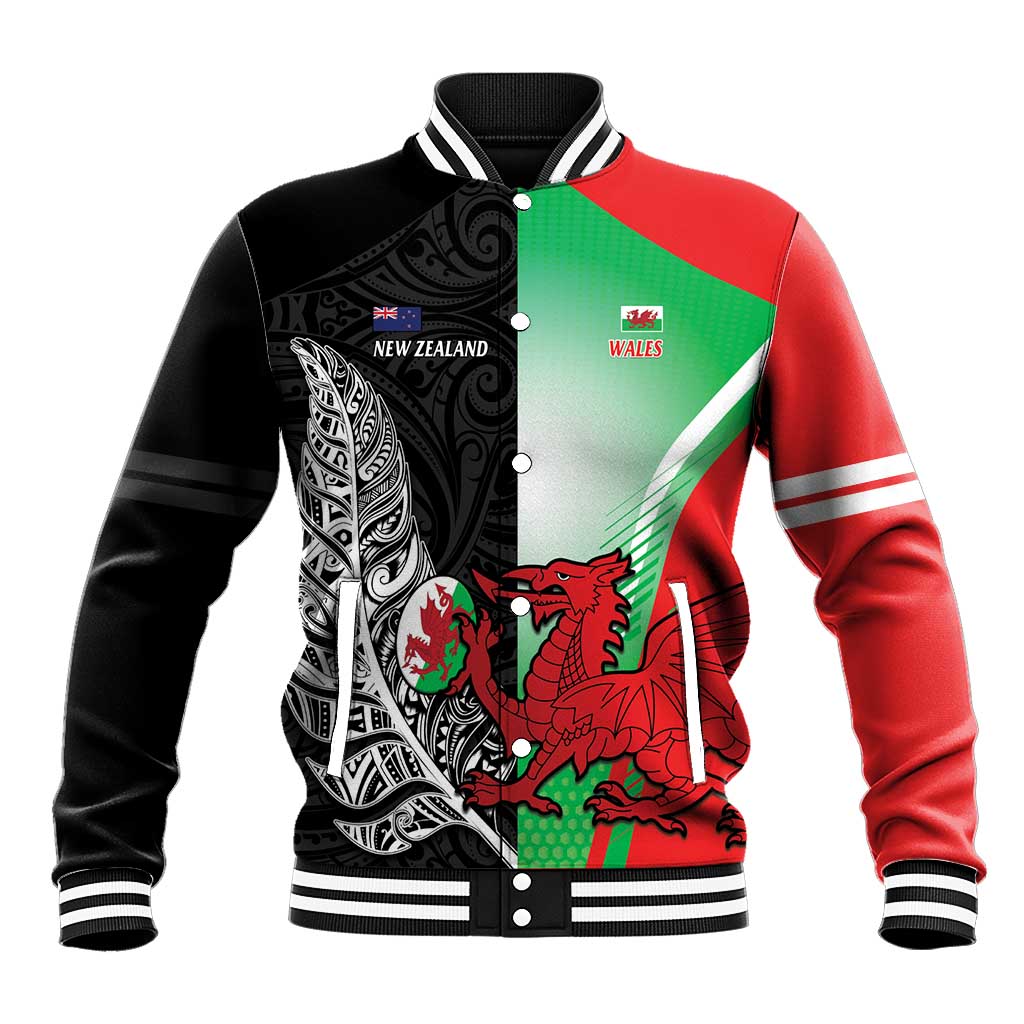 New Zealand and Wales Rugby Custom Baseball Jacket Aotearoa All Black Combine Welsh Dragon LT14 Unisex Black - Polynesian Pride
