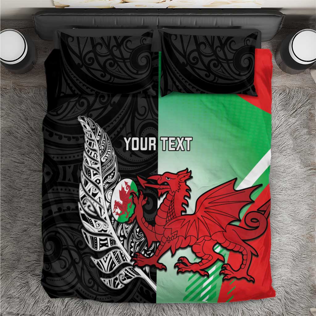 New Zealand and Wales Rugby Custom Bedding Set Aotearoa All Black Combine Welsh Dragon LT14 Black - Polynesian Pride